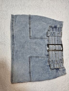 Edikted Light Wash Denim Mini Skirt With Buckle Belt